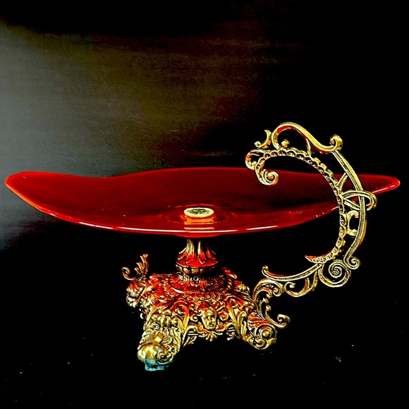 Mid Century orange glass centrepiece with cast metal Medusa faces base - Picture 13 of 15